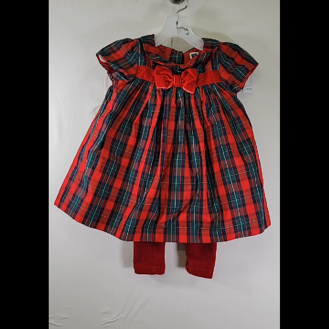 Janie and Jack Red and Green Plaid Dress Set With Velvet Pants Size 6-12 MO