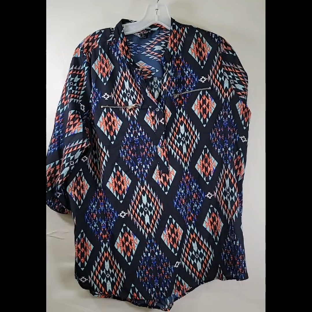 Navy Blue Geometric Print Button-Up Shirt Size XL