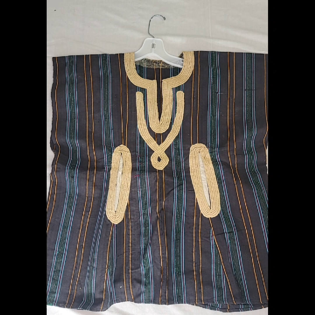 Handmade Traditional African Men's Top - Dark Gray Striped Shirt Size XL