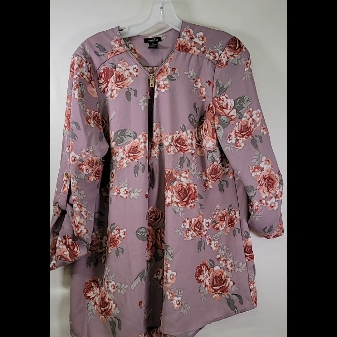 Floral Print Light Purple Blouse with Zipper Size XL