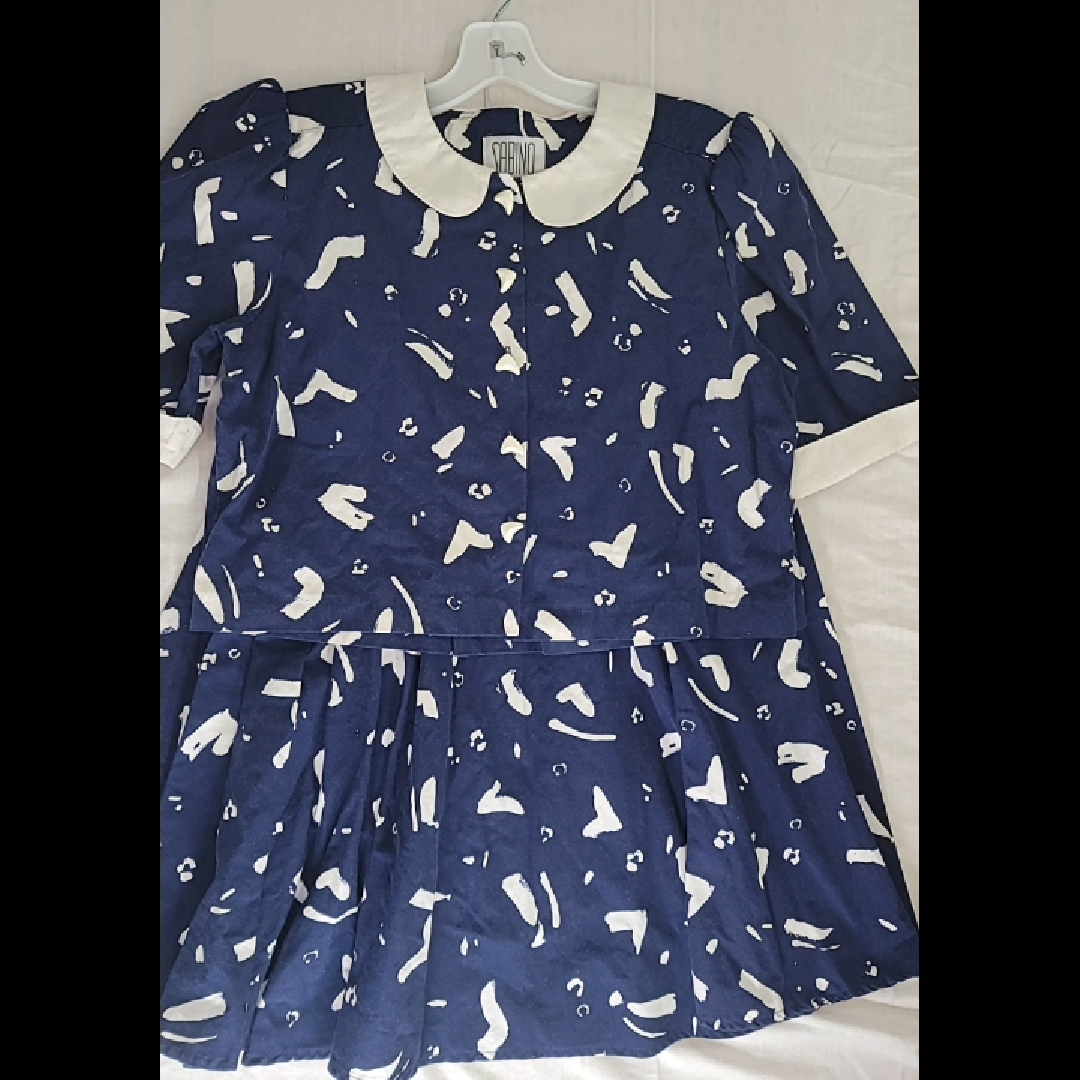 Vintage Sabino Navy Blue and White Abstract Print Skirt and Blouse Set Size L
