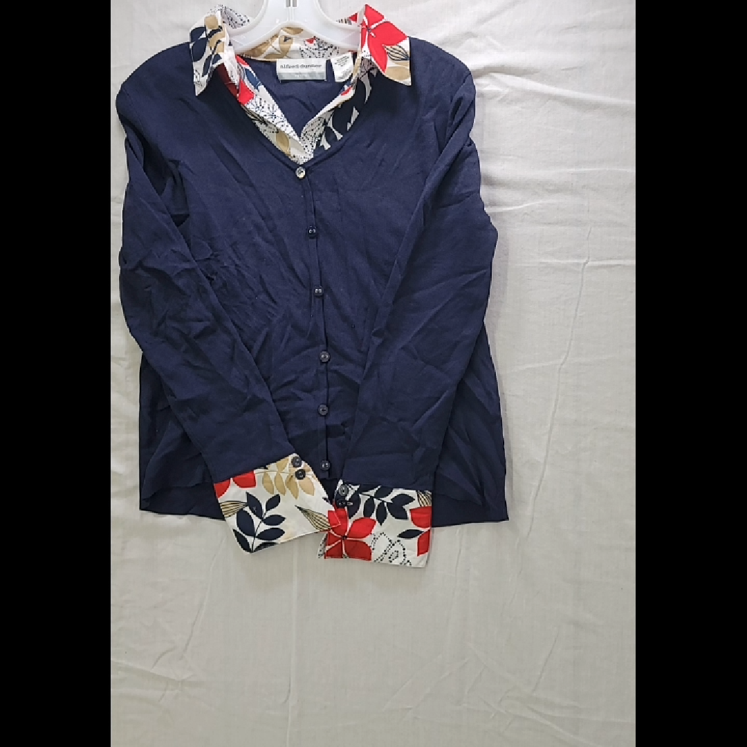 Alfred Dunner Women's Navy Floral Accent Cardigan PM (Petite Medium)