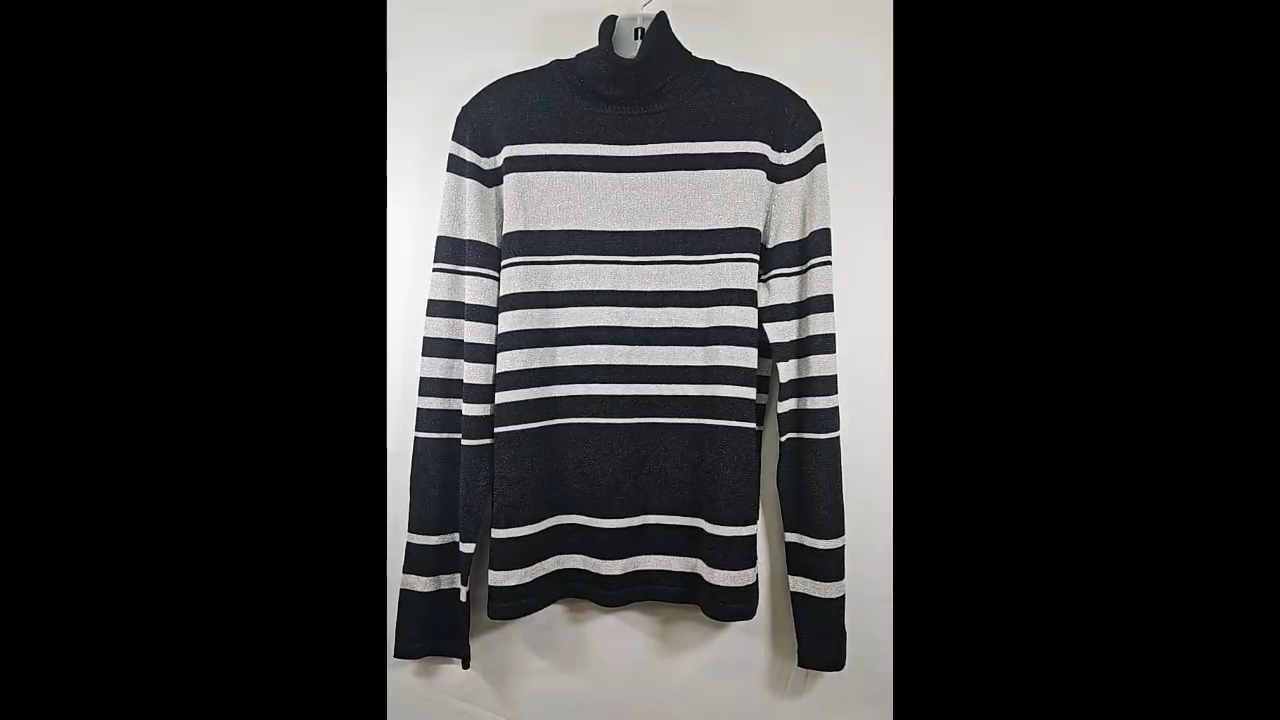 RAFAELLA Black Silver Metallic Stretch Long Sleeve Turtleneck Size L