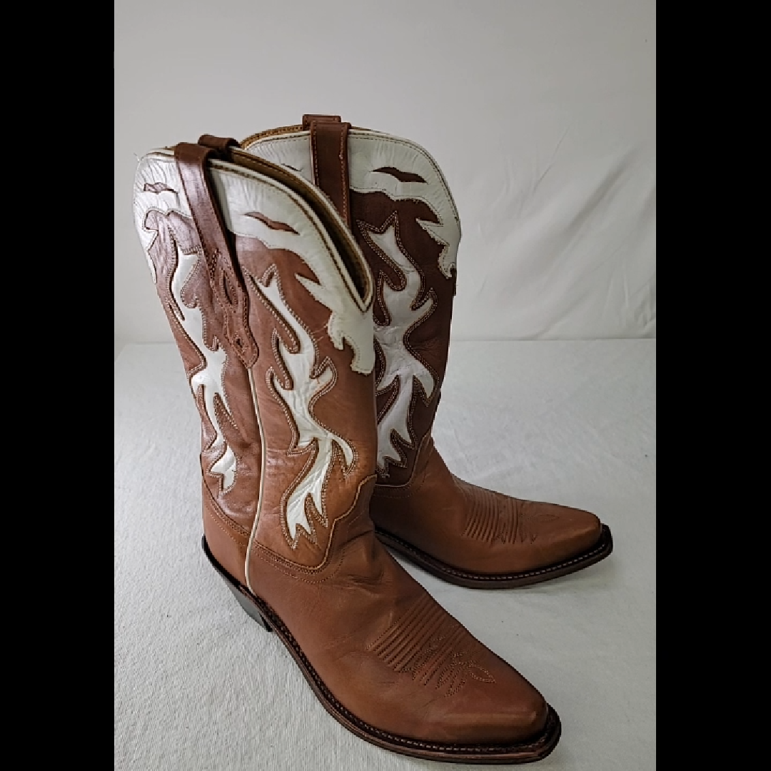 Stylish Brown and White Leather Cowboy Boots