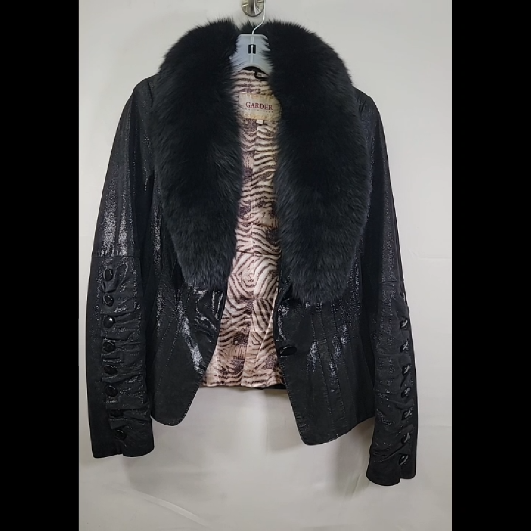 Stylish Black Leather Jacket with Faux Fur Collar Size S
