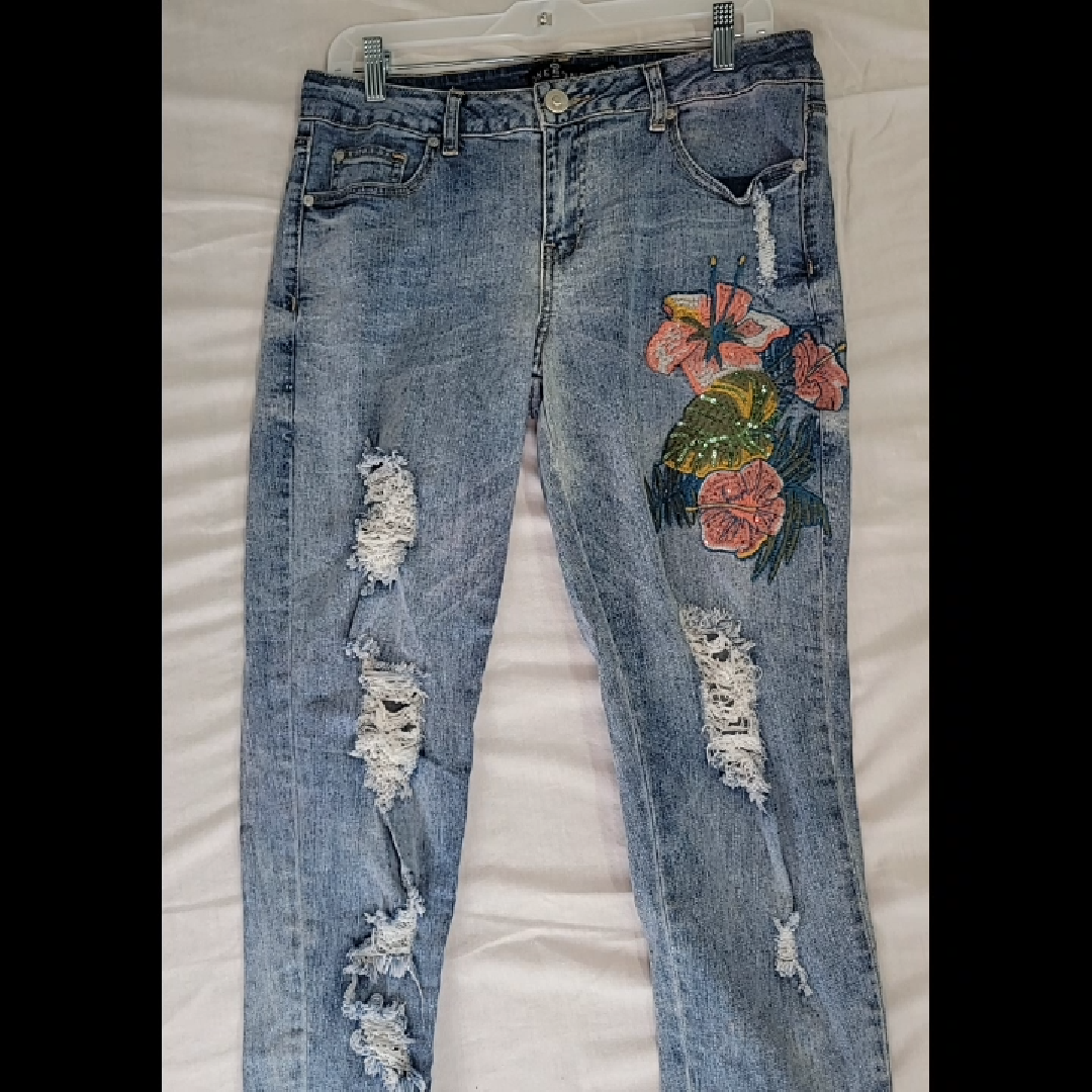 One One Women's Ripped Denim Jeans with Floral Embroidery