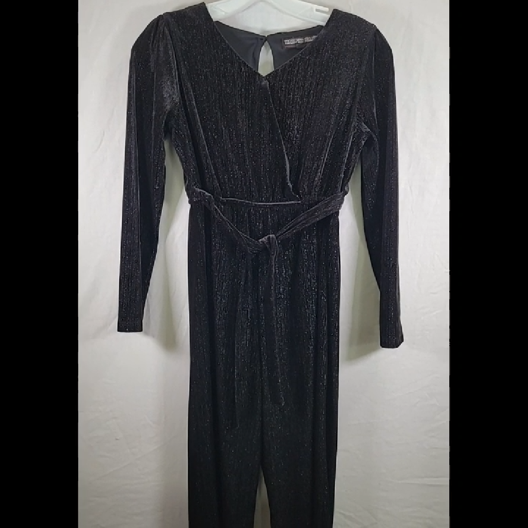 Three Pink Hearts Girl's Black Glitter Velvet Jumpsuit Size XL