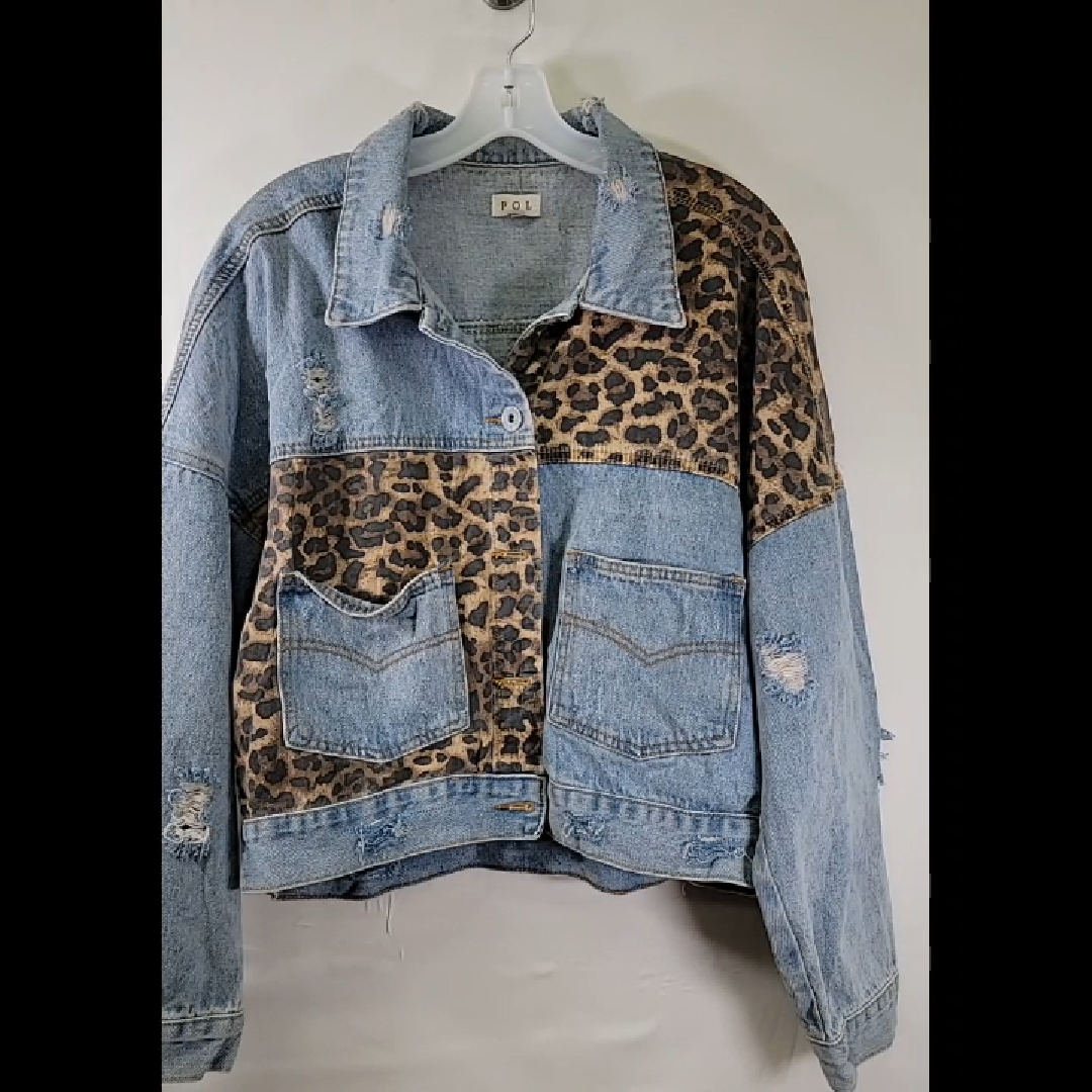 POL Light Blue Denim Jacket with Leopard Print Size L