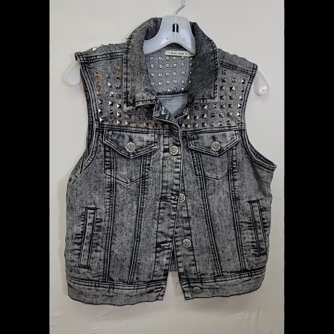 Stylish Gray Denim Studded Vest by Wax Jean Size L