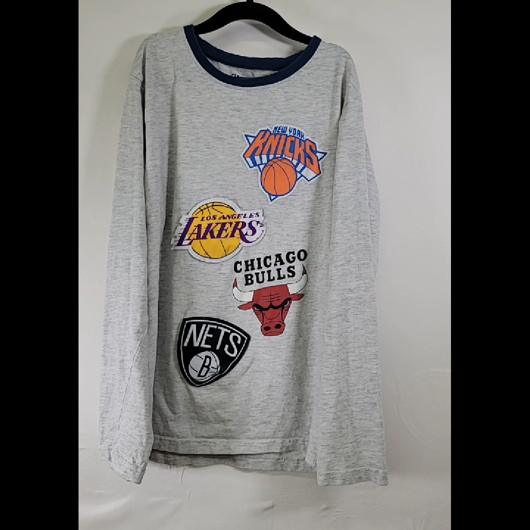Men's Gray Long Sleeve T-Shirt featuring NBA Logos