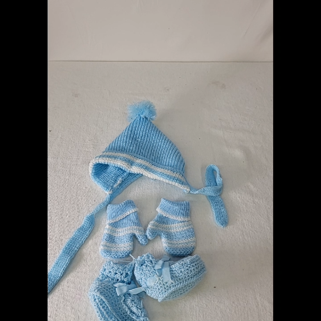 Adorable Light Blue Knitted Baby Hat and Booties Set