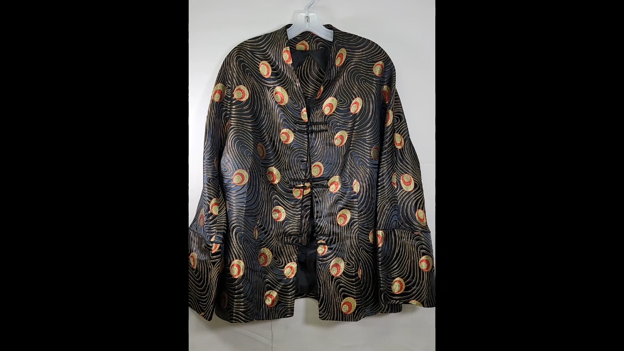 Asian Oriental Black Silk Geometric Jacket Size L