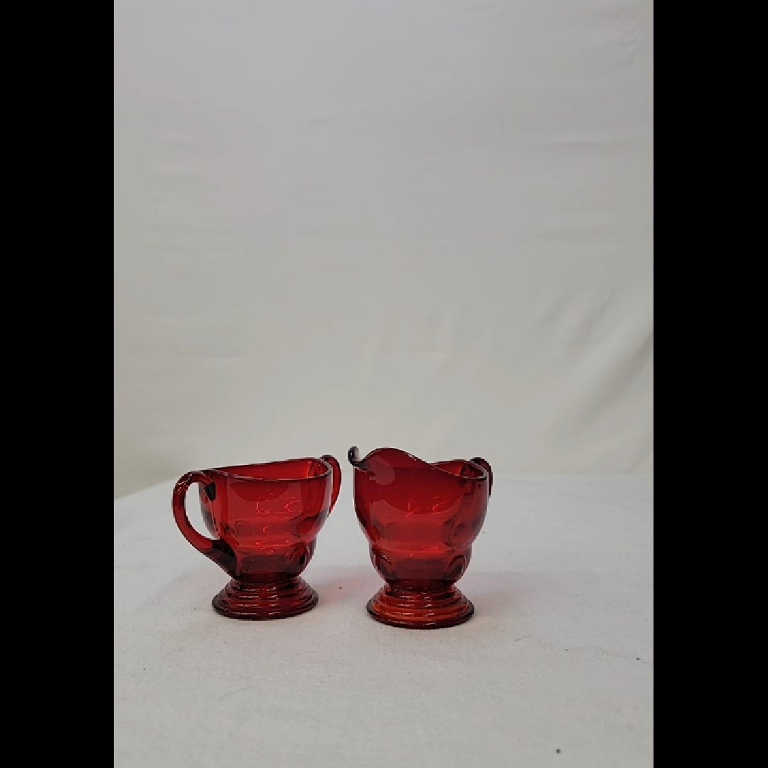 Set of 2 Vintage Red Glass Creamer and Sugar Dish
