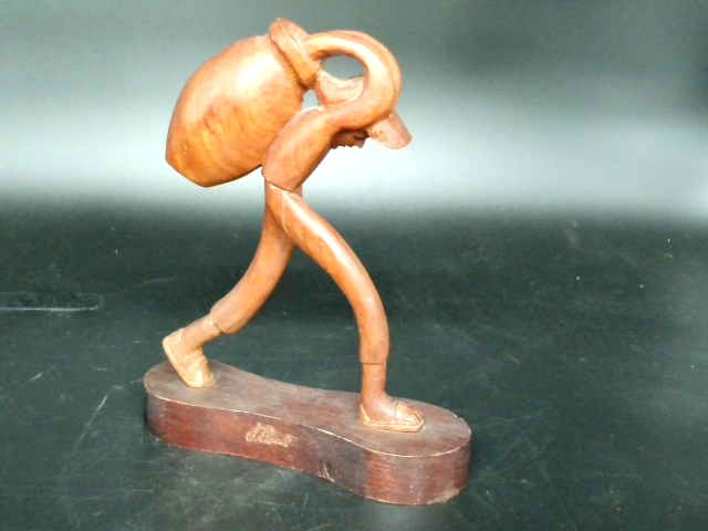 J Pindola Mexican Artist Wood Carving of Peasant Farmer w/Signature Etched Into Stand