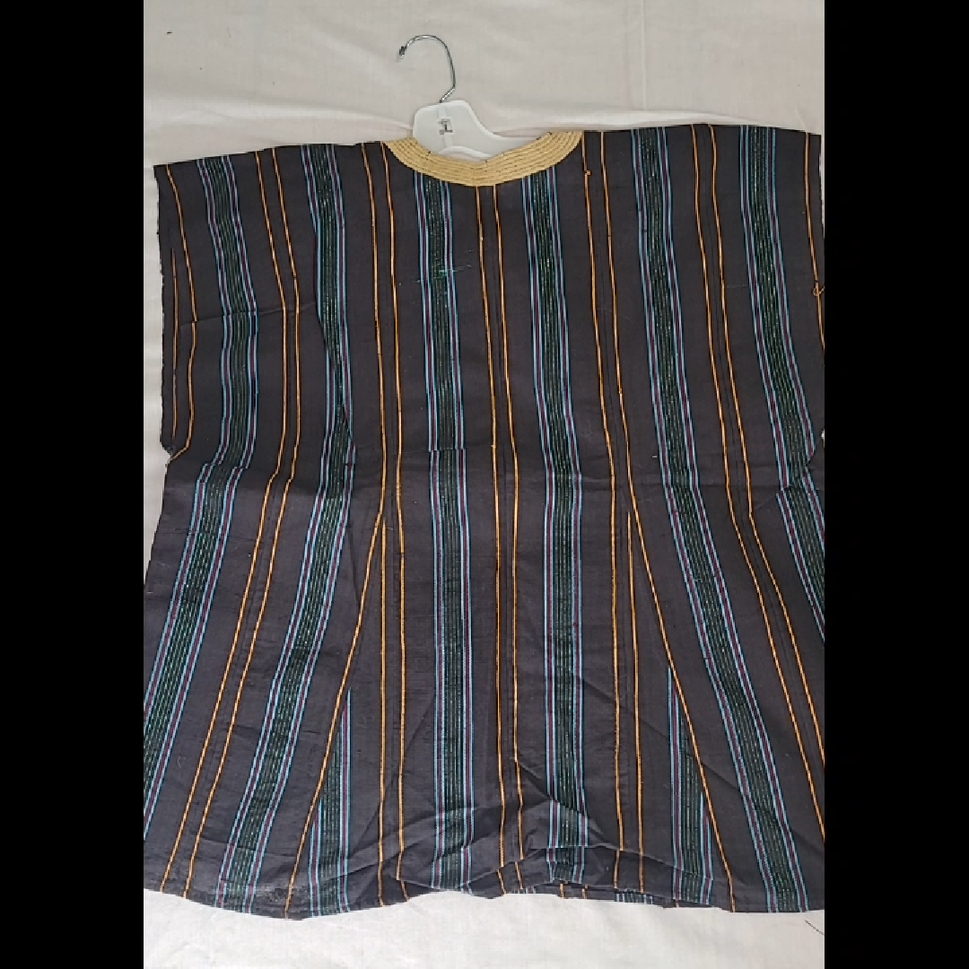 Handmade Traditional African Men's Top - Dark Gray Striped Shirt Size XL