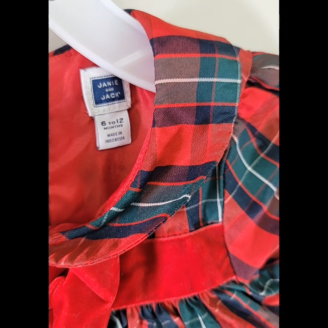 Janie and Jack Red and Green Plaid Dress Set With Velvet Pants Size 6-12 MO