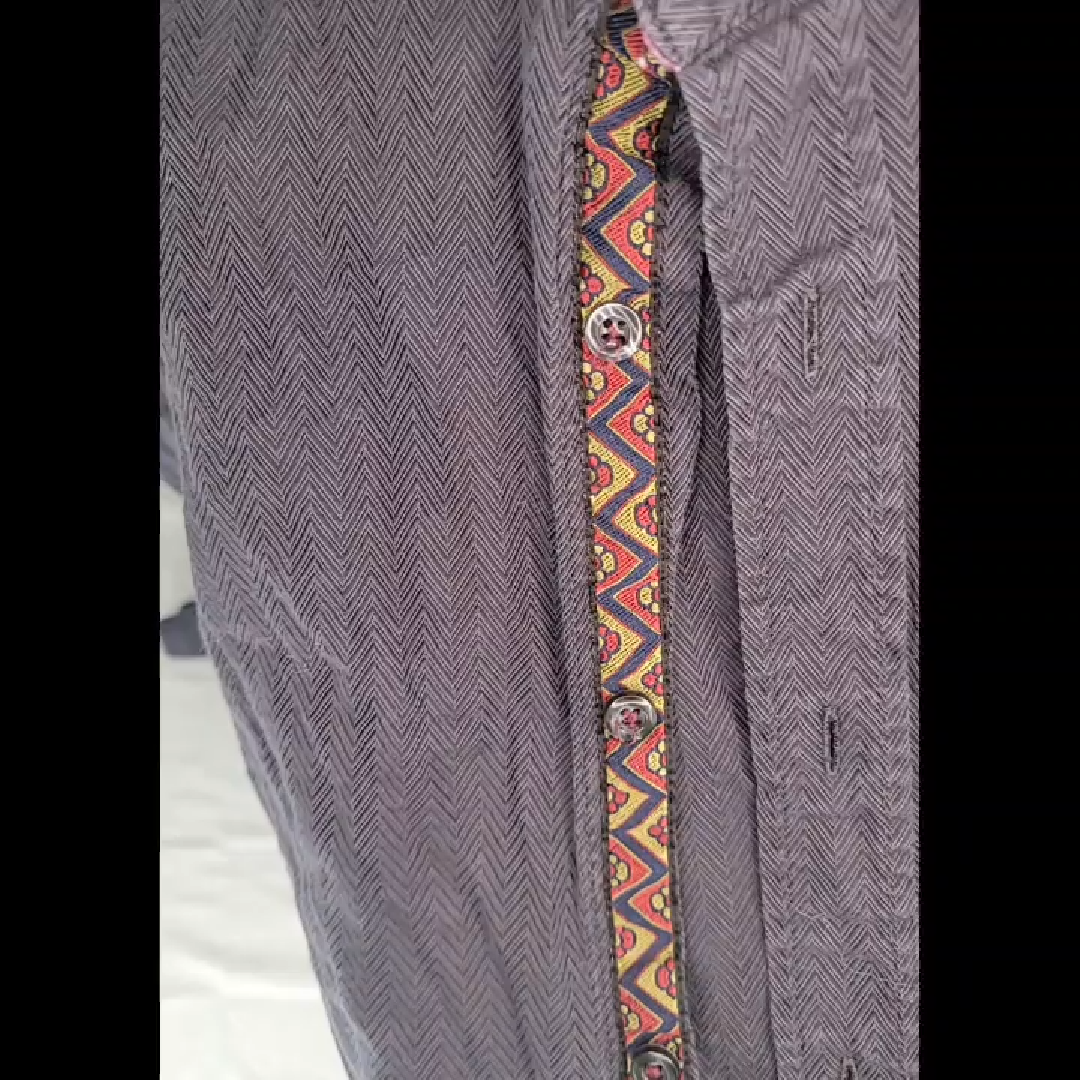 Enzone Men's Dark Gray Long-Sleeve Button-Down Shirt Herringbone Pattern Size L