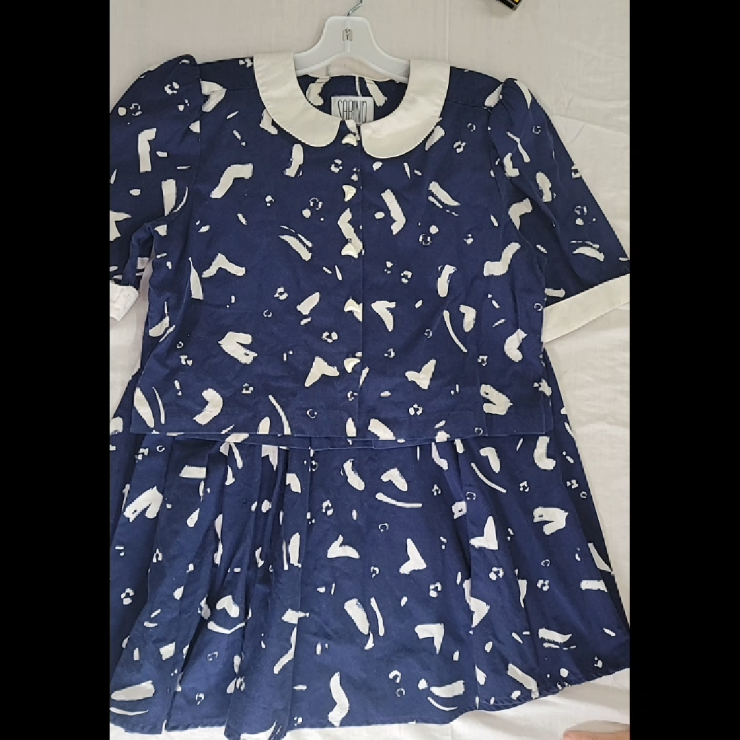 Vintage Sabino Navy Blue and White Abstract Print Skirt and Blouse Set Size L