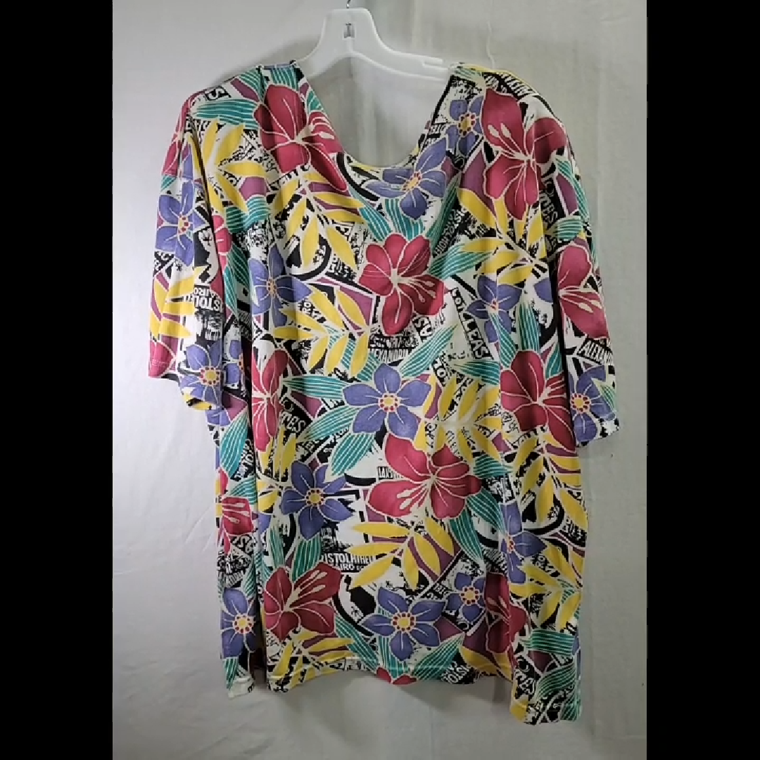 Vintage Jacque & Koko Women's Multicolor Floral Print T-Shirt with Shoulder Pads Size 3X