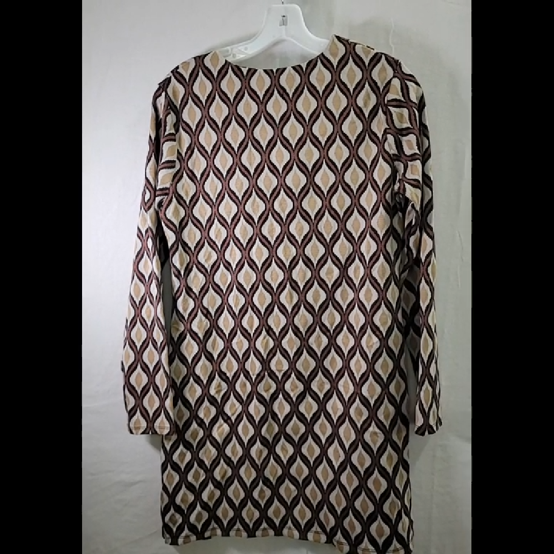 ZARA Women's Long Sleeve Top - Brown/Beige Geometric Print Size L