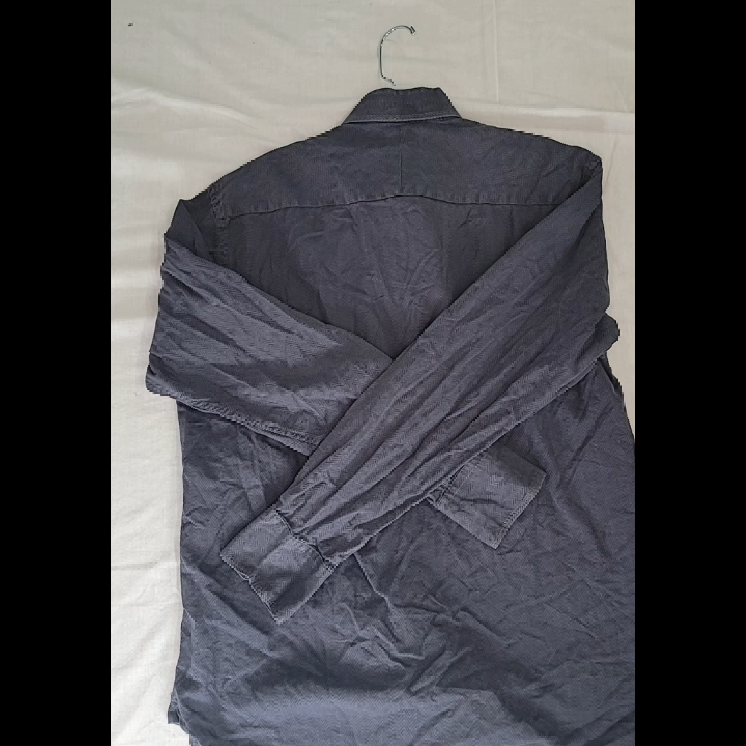 Enzone Men's Dark Gray Long-Sleeve Button-Down Shirt Herringbone Pattern Size L