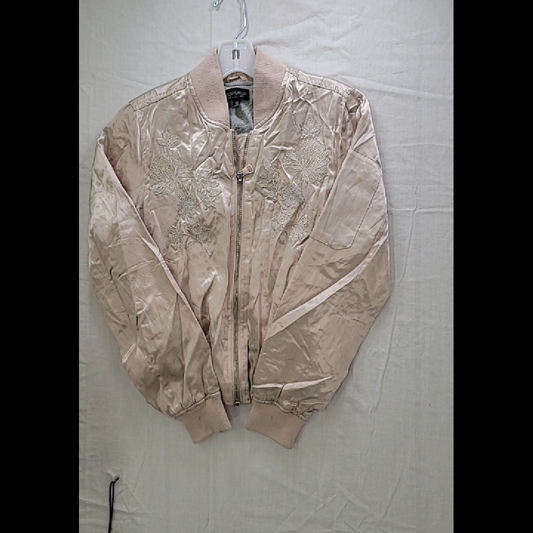 Light Pink Satin Bomber Jacket with Floral Embroidery