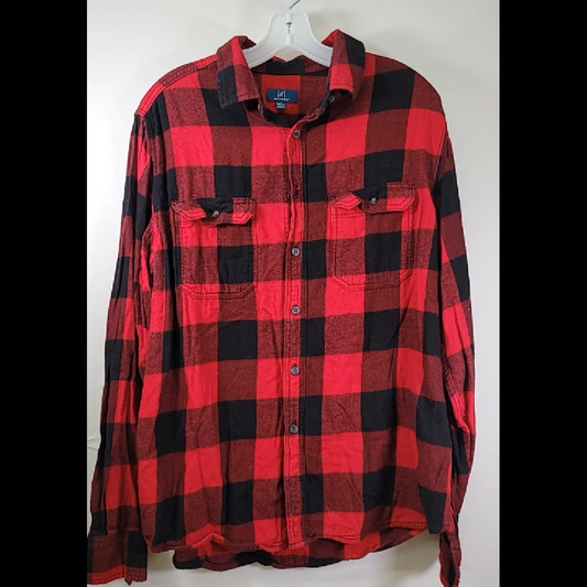 George Men's Red and Black Flannel Shirt Size L