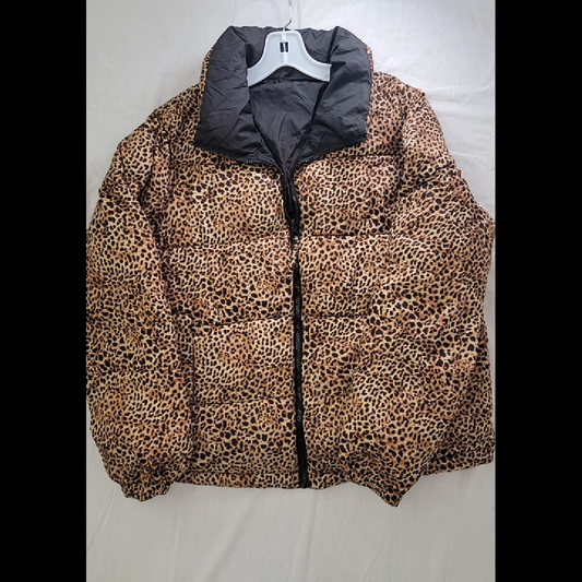 Stylish Leopard Print Reversible Puffer Jacket Size XL