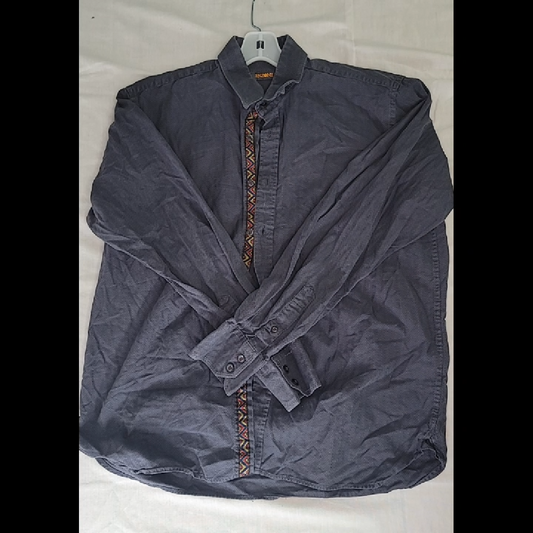 Enzone Men's Dark Gray Long-Sleeve Button-Down Shirt Herringbone Pattern Size L