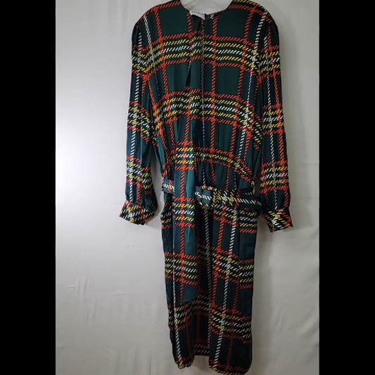 Vintage Janina Schreck Stylish Multicolor Plaid Dress With Scarf and Belt Size 42