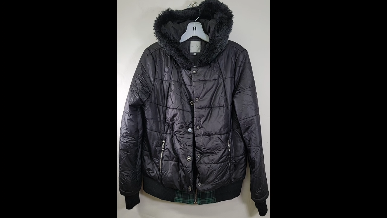 VarVar Green Flannel Puff Jacket Faux Fur Hood Size L