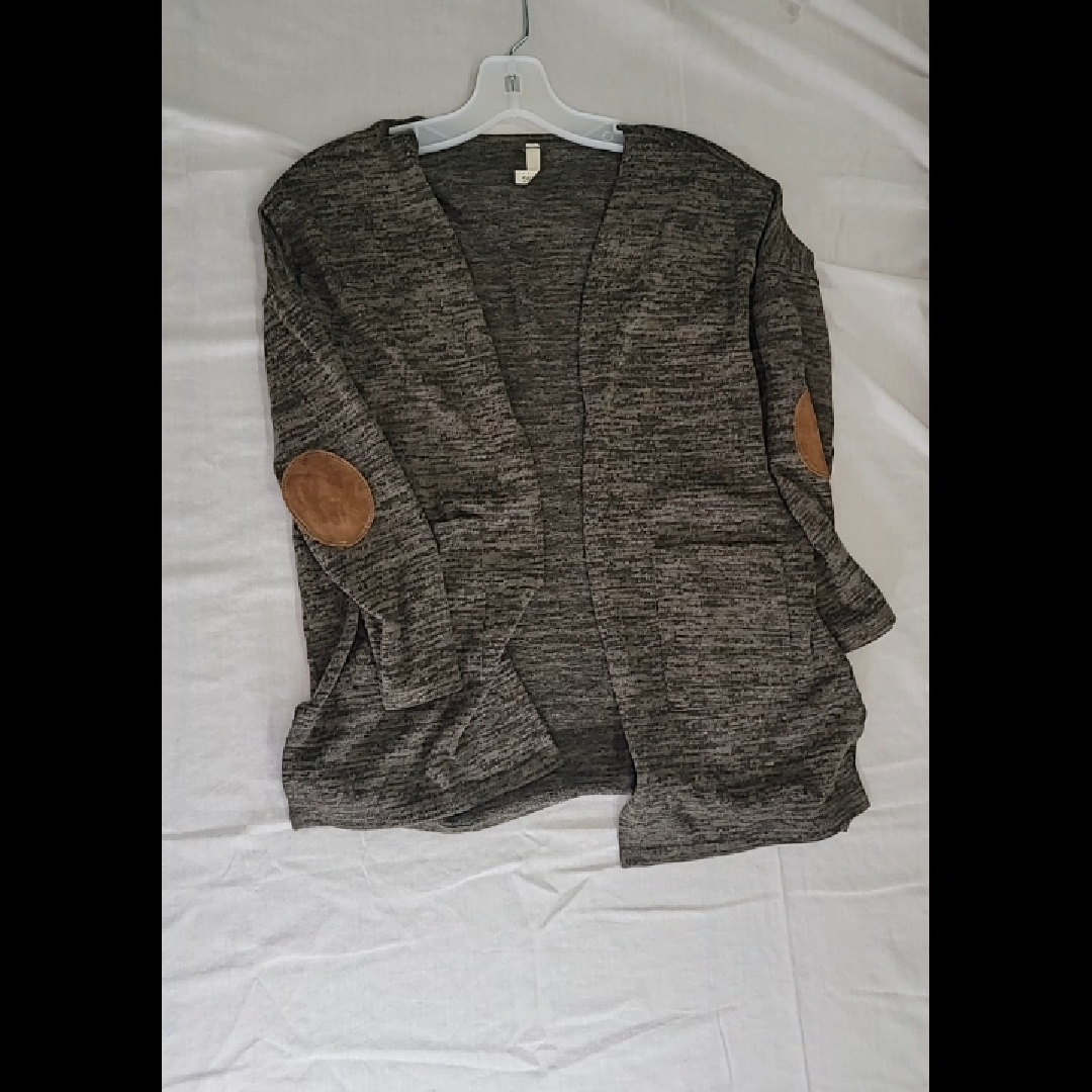 Chic Gray Cardigan with Brown Elbow Patches