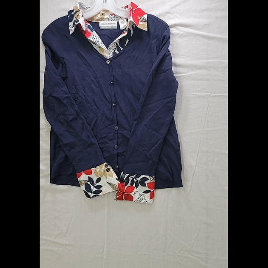 Alfred Dunner Women's Navy Floral Accent Cardigan PM (Petite Medium)