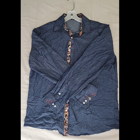 Stylish Men's Denim Shirt With Floral Accents Size L