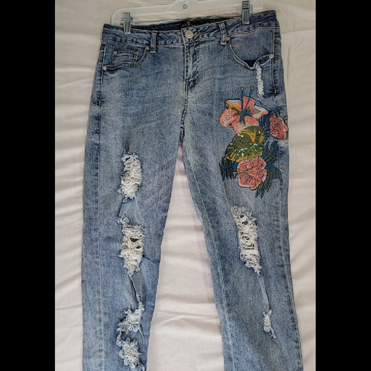 One One Women's Ripped Denim Jeans with Floral Embroidery