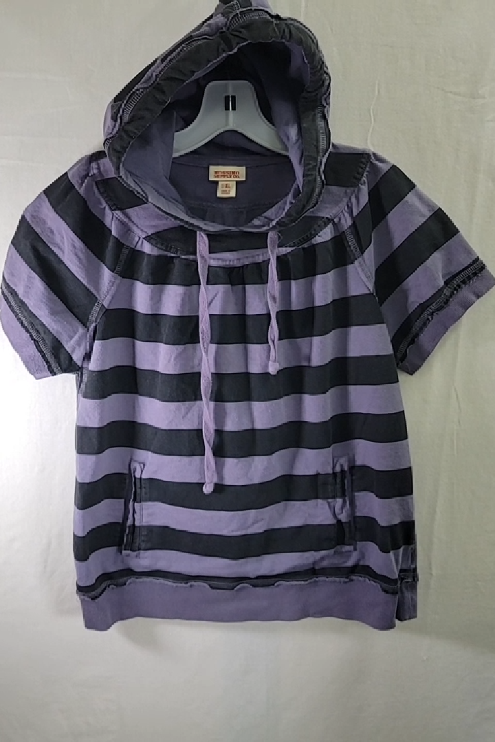 Purple and Black Striped Short Sleeve Hoodie Size XL