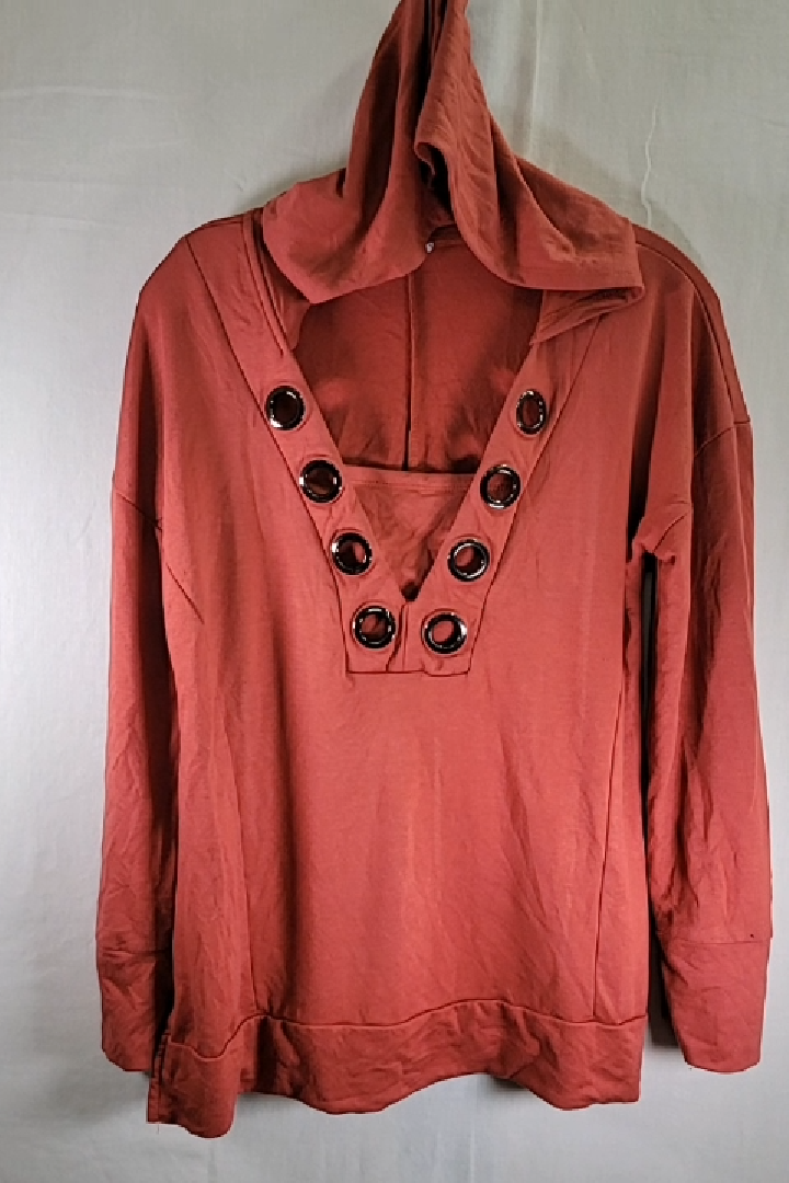 Cable & Gauge Women's Rust Orange Hooded V-Neck Top Size M