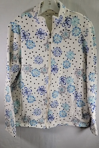 Talbots Women's White Zip-Up Jacket with Floral and Polka Dot Design Size M
