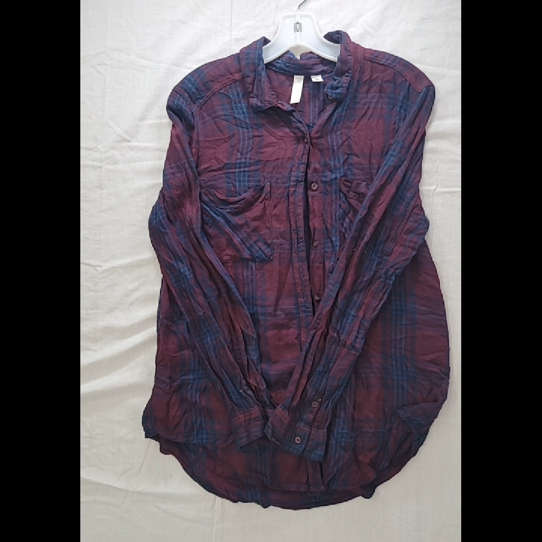 Men's Maroon and Blue Plaid Long Sleeve Shirt