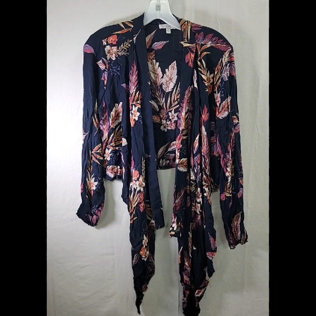 Women's Navy Blue Floral Print Wrap-Front Cropped Cardigan Size M