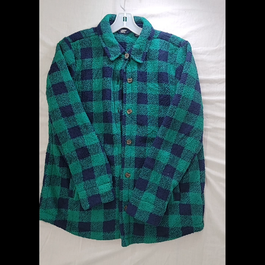 Lands' End Women's Teal and Navy Checkered Fleece Jacket