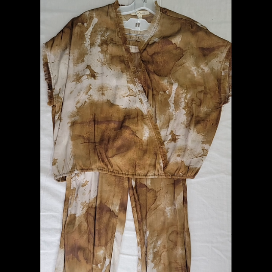 Grade Gather Tie-Waist Top and Pants Set - Brown/Beige Tie-Dye Print Pants Size S, Top Size M