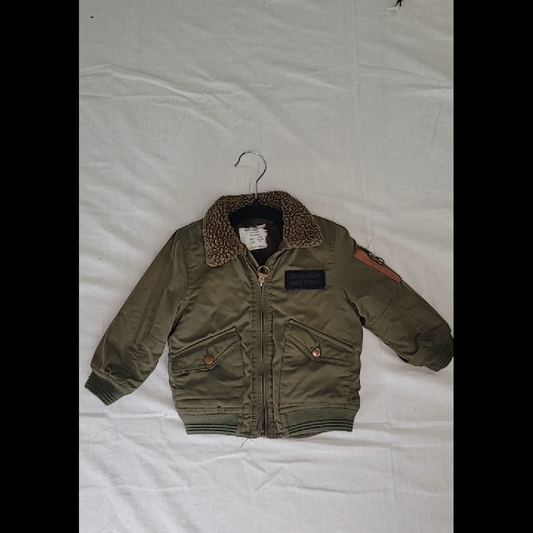 Zara Baby Boy Olive Green Fur Lined Bomber Jacket Size 9-12 MO