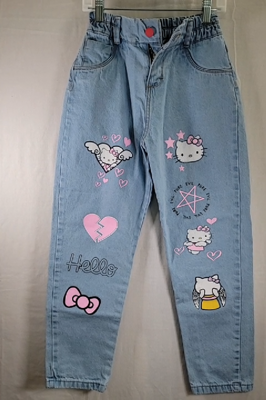Vintage Nena's Jeans Light Blue Girls Denim Pants with Hello Kitty Design Size XL(14)