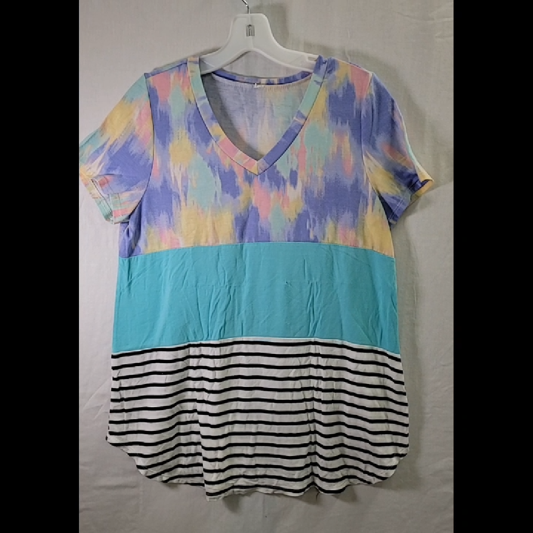 Multi-Color Tie-Dye V-Neck Top with Striped Bottom Size L