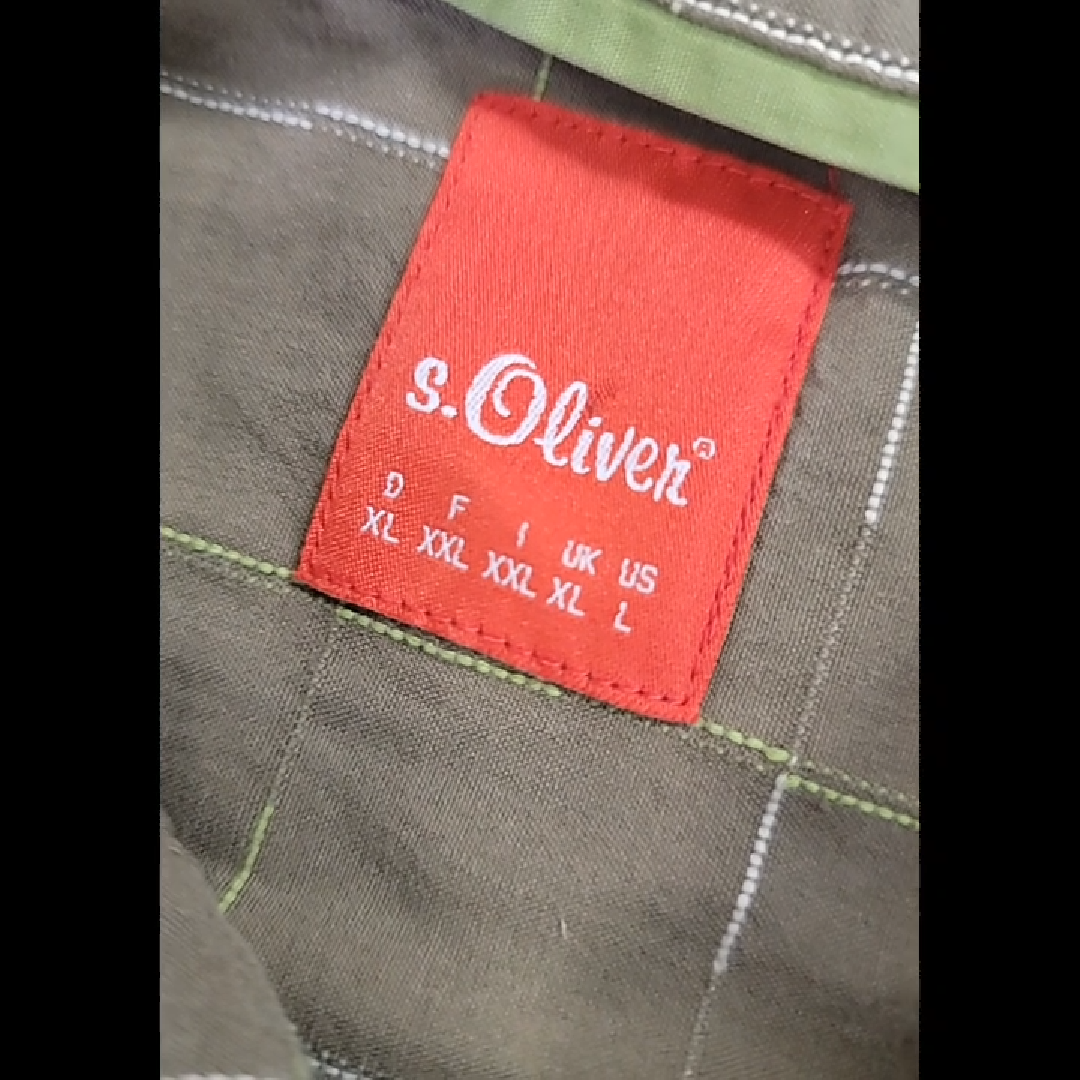 s.Oliver Men's Khaki Button-Down Shirt with Olive Green Accents Size L